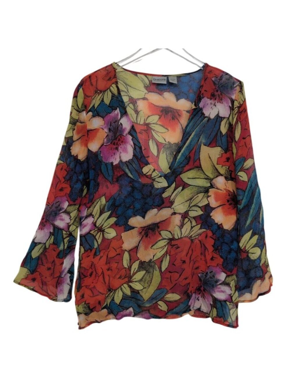Chicos 1 100% Silk Floral Shirt Womens Size Medium Red Colorful V Neck Lightweig